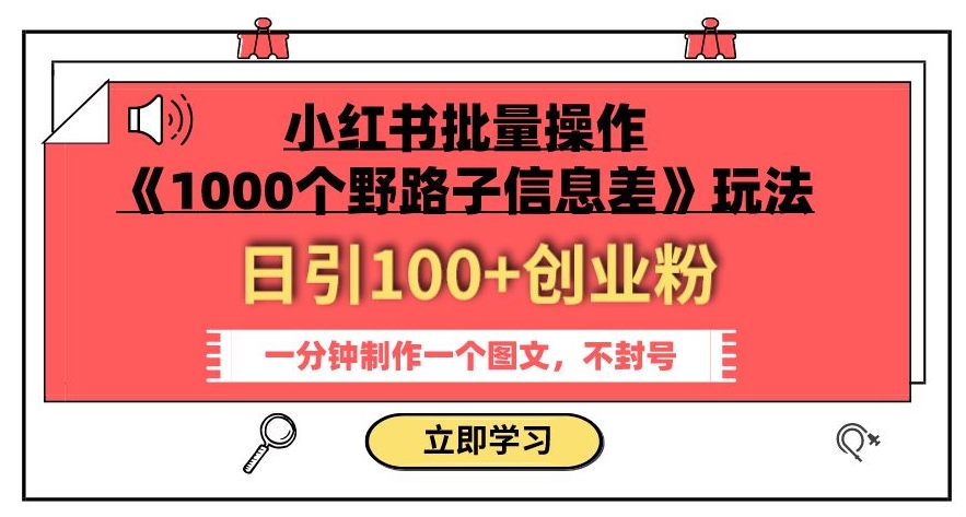 小红书批量操作《1000个野路子信息差》玩法，一分钟制作一个图文，不封号，日引100+创业粉-云创网