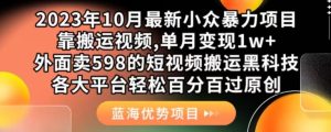 2023年10月最新小众暴力项目,靠搬运视频,单月变现1w+,外面卖598的短视频搬运黑科技,各大平台轻松百分百过原创-云创网