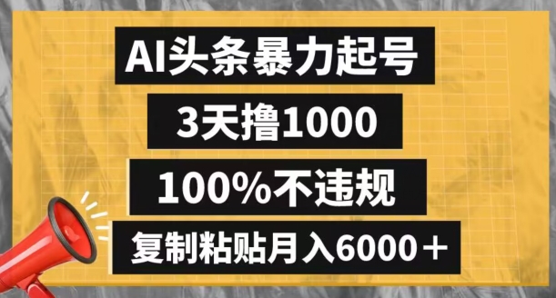 AI头条暴力起号，3天撸1000,100%不违规，复制粘贴月入6000＋【揭秘】-云创网